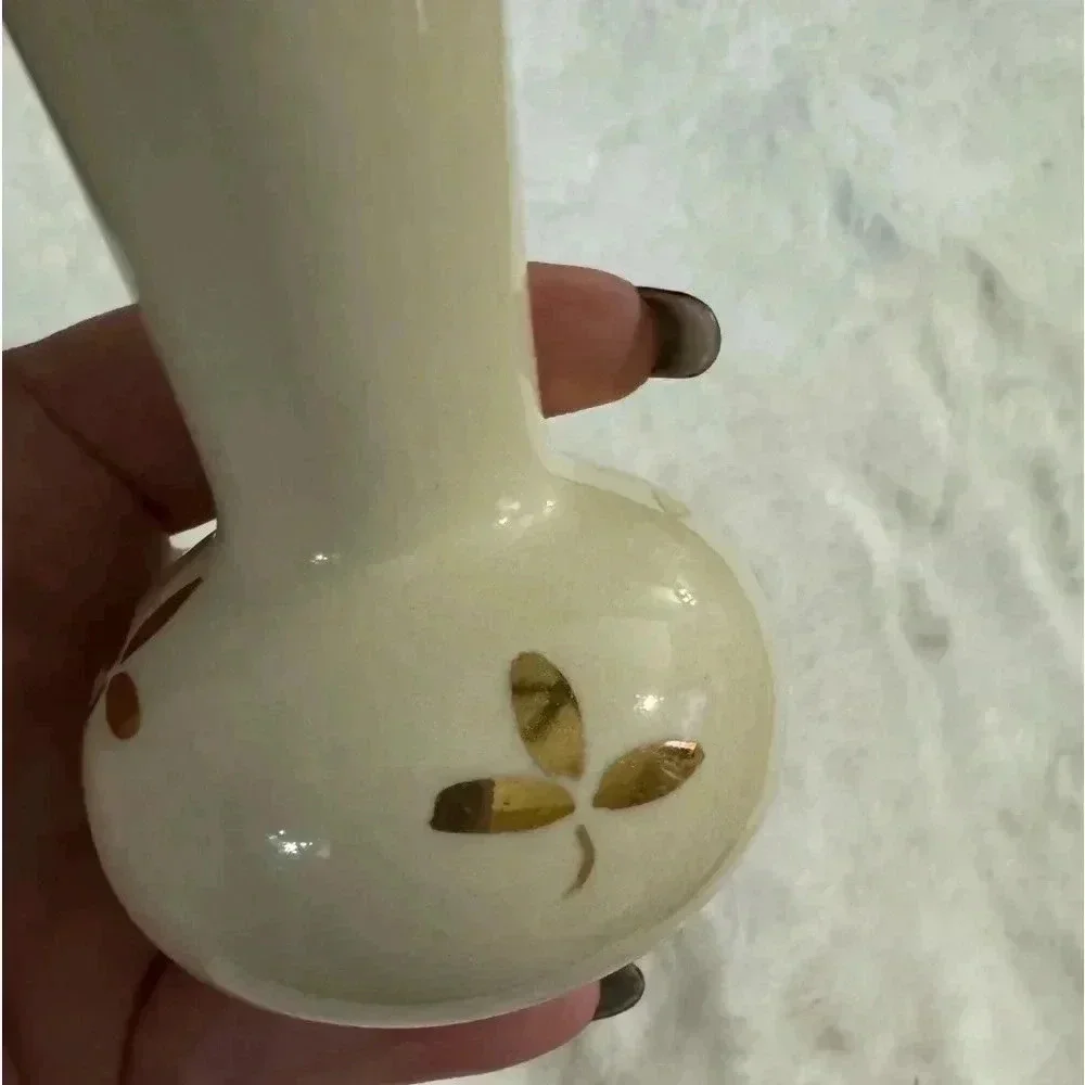 Vintage MCM Ceramic Cream & Gold Floral Handpainted Small Vase 70’s 80’s Fun